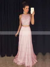 A-line Scoop Neck Tulle Chiffon Sweep Train Beading Prom Dresses #Favs020103435