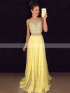 A-line Scoop Neck Tulle Chiffon Sweep Train Beading Prom Dresses #Favs020103435
