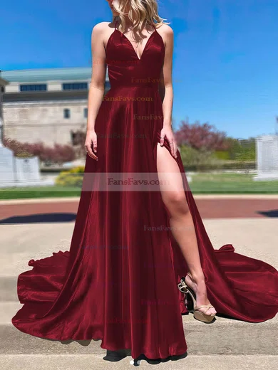 A-line V-neck Silk-like Satin Sweep Train Split Front Prom Dresses #Favs020106673