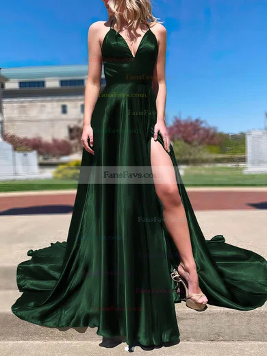 A-line V-neck Silk-like Satin Sweep Train Split Front Prom Dresses #Favs020106673