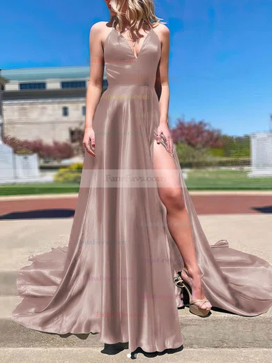 A-line V-neck Silk-like Satin Sweep Train Split Front Prom Dresses #Favs020106673