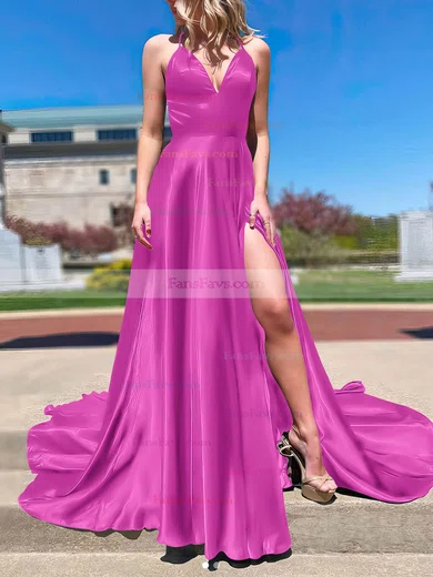 A-line V-neck Silk-like Satin Sweep Train Split Front Prom Dresses #Favs020106673