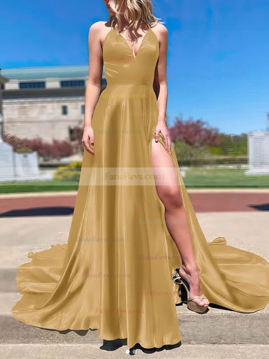A-line V-neck Silk-like Satin Sweep Train Split Front Prom Dresses #Favs020106673