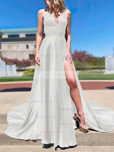 A-line V-neck Silk-like Satin Sweep Train Split Front Prom Dresses #Favs020106673