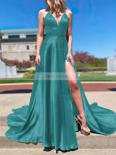 A-line V-neck Silk-like Satin Sweep Train Split Front Prom Dresses #Favs020106673