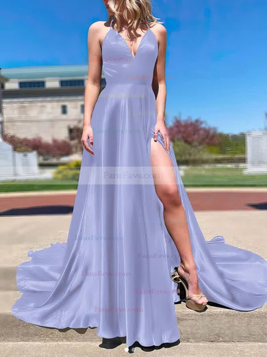 A-line V-neck Silk-like Satin Sweep Train Split Front Prom Dresses #Favs020106673