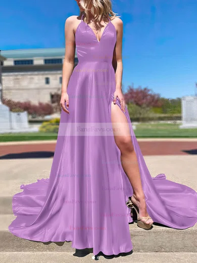 A-line V-neck Silk-like Satin Sweep Train Split Front Prom Dresses #Favs020106673