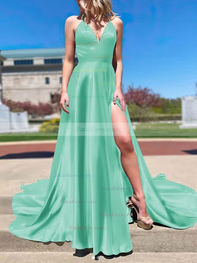 A-line V-neck Silk-like Satin Sweep Train Split Front Prom Dresses #Favs020106673