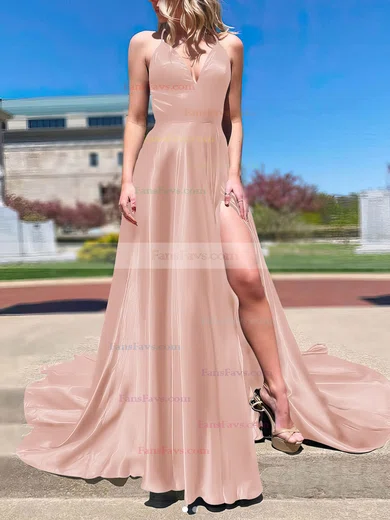 A-line V-neck Silk-like Satin Sweep Train Split Front Prom Dresses #Favs020106673