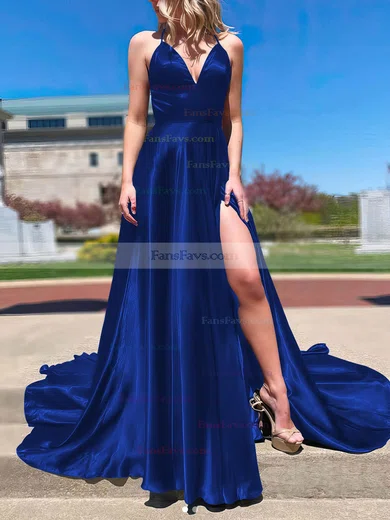 A-line V-neck Silk-like Satin Sweep Train Split Front Prom Dresses #Favs020106673