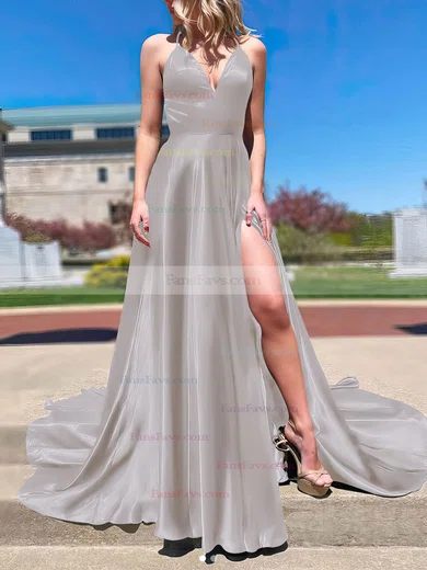 A-line V-neck Silk-like Satin Sweep Train Split Front Prom Dresses #Favs020106673