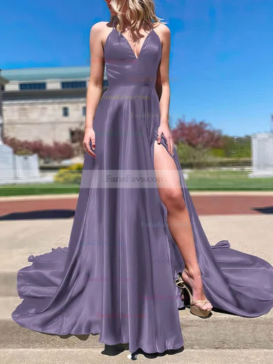 A-line V-neck Silk-like Satin Sweep Train Split Front Prom Dresses #Favs020106673