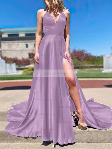 A-line V-neck Silk-like Satin Sweep Train Split Front Prom Dresses #Favs020106673