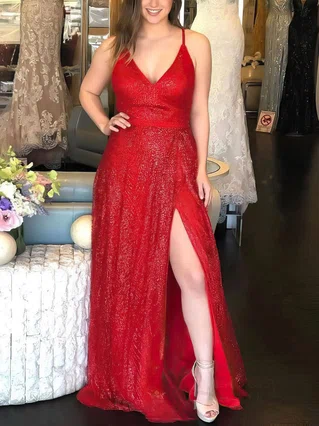 A-line V-neck Glitter Sweep Train Split Front Prom Dresses #Favs020106703