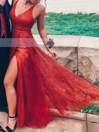 A-line V-neck Glitter Sweep Train Split Front Prom Dresses #Favs020106703