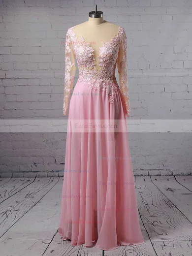 A-line Scoop Neck Chiffon Floor-length Appliques Lace Prom Dresses #Favs020103456
