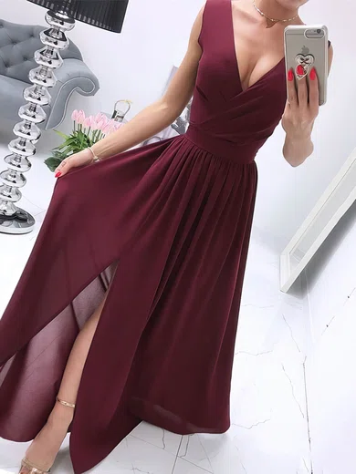 A-line V-neck Chiffon Floor-length Ruffles Prom Dresses #Favs020106708