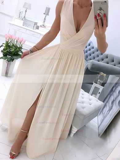 A-line V-neck Chiffon Floor-length Ruffles Prom Dresses #Favs020106708