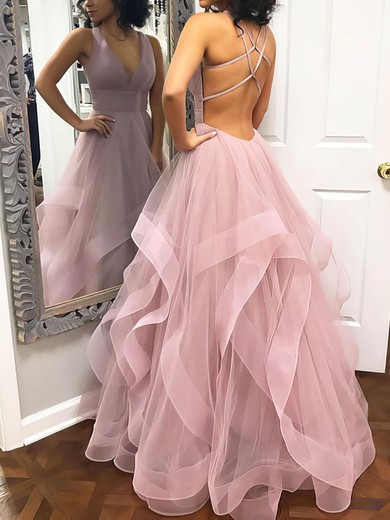 Princess V-neck Tulle Floor-length Cascading Ruffles Prom Dresses #Favs020106712