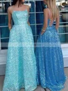 A-line Square Neckline Glitter Sweep Train Pockets Prom Dresses #Favs020106714