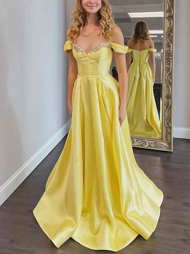 A-line Off-the-shoulder Satin Sweep Train Beading Prom Dresses #Favs020106720