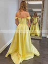 A-line Off-the-shoulder Satin Sweep Train Beading Prom Dresses #Favs020106720