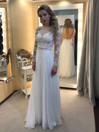 A-line Scoop Neck Chiffon Floor-length Appliques Lace Prom Dresses #Favs020103465