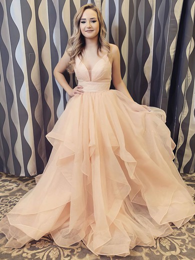 Princess V-neck Glitter Sweep Train Cascading Ruffles Prom Dresses #Favs020106734