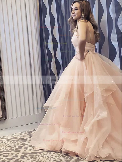 Princess V-neck Glitter Sweep Train Cascading Ruffles Prom Dresses #Favs020106734