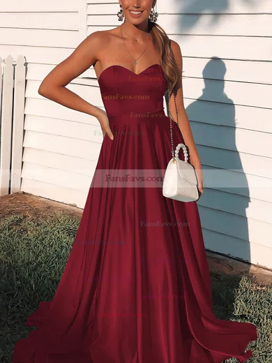A-line Sweetheart Satin Sweep Train Prom Dresses #Favs020106736