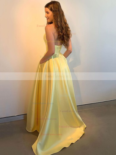 A-line V-neck Satin Sweep Train Pockets Prom Dresses #Favs020106746