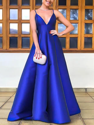 A-line V-neck Satin Floor-length Prom Dresses #Favs020106747