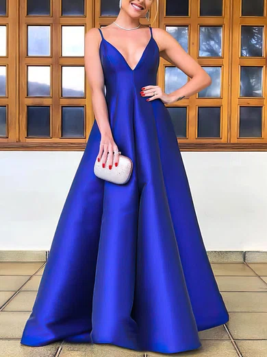 A-line V-neck Satin Floor-length Prom Dresses #Favs020106747