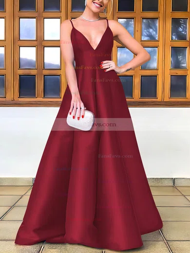 A-line V-neck Satin Floor-length Prom Dresses #Favs020106747