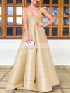 A-line V-neck Satin Floor-length Prom Dresses #Favs020106747