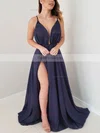 A-line V-neck Chiffon Sweep Train Split Front Prom Dresses #Favs020106770