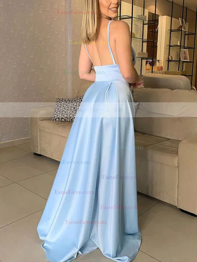A-line V-neck Silk-like Satin Sweep Train Split Front Prom Dresses #Favs020106773