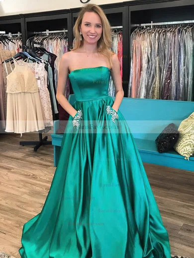 A-line Strapless Satin Sweep Train Beading Prom Dresses #Favs020106776