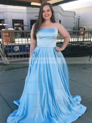 A-line Strapless Satin Sweep Train Beading Prom Dresses #Favs020106776
