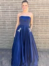A-line Strapless Satin Sweep Train Beading Prom Dresses #Favs020106776