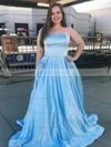 A-line Strapless Satin Sweep Train Beading Prom Dresses #Favs020106776