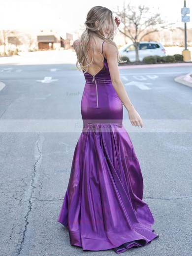 Trumpet/Mermaid V-neck Satin Sweep Train Prom Dresses #Favs020106780