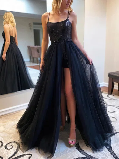 A-line Square Neckline Tulle Sequined Floor-length Beading Prom Dresses #Favs020106784