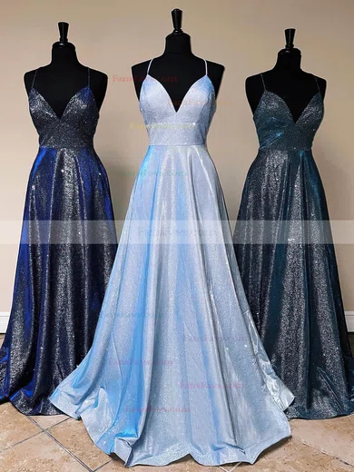 A-line V-neck Satin Sweep Train Pockets Prom Dresses #Favs020106797