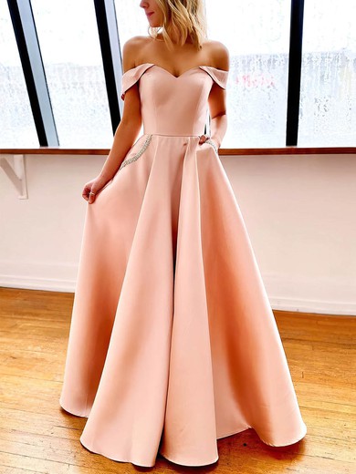 A-line Off-the-shoulder Satin Floor-length Beading Prom Dresses #Favs020106801