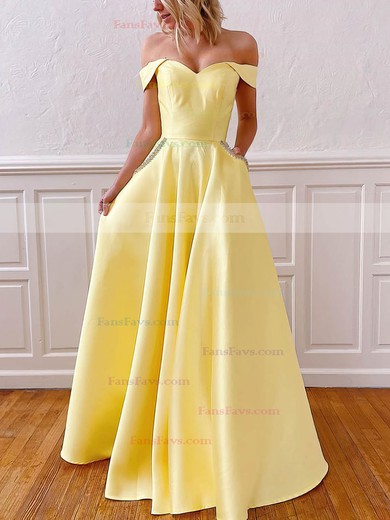 A-line Off-the-shoulder Satin Floor-length Beading Prom Dresses #Favs020106801