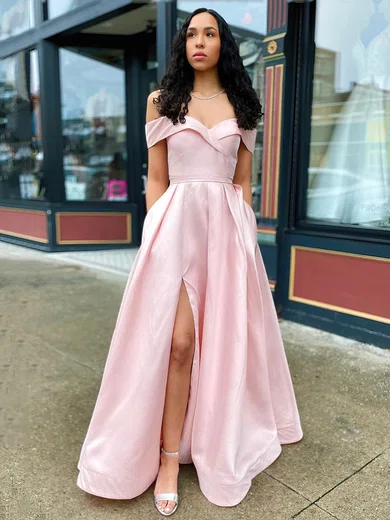 A-line Off-the-shoulder Satin Floor-length Pockets Prom Dresses #Favs020106802