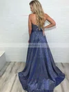 A-line V-neck Glitter Sweep Train Ruffles Prom Dresses #Favs020106816