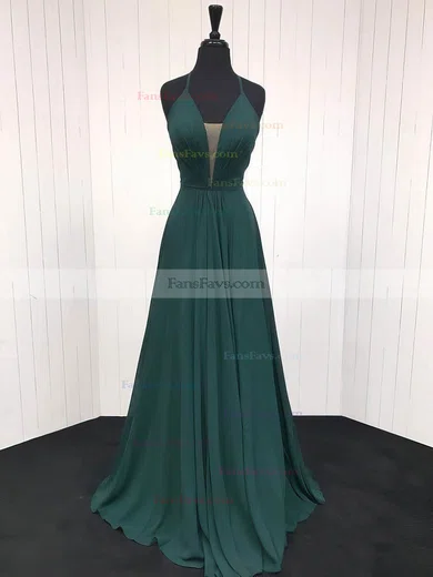 A-line V-neck Chiffon Sweep Train Ruffles Prom Dresses #Favs020106832