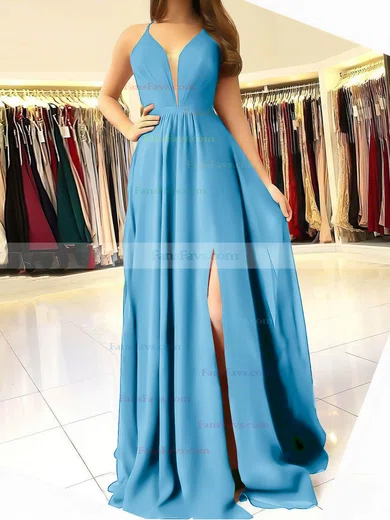 A-line V-neck Chiffon Sweep Train Ruffles Prom Dresses #Favs020106832